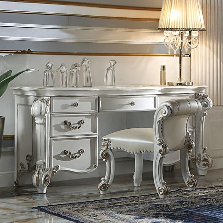 ACME Vendome Vanity Desk Beige Synthetic Leather & Antique Silver Finish