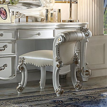 ACME Vendome Vanity Stool Beige Synthetic Leather & Antique Silver Finish