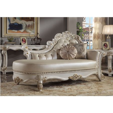 ACME Vendome Chaise W/2 Pillows Synthetic Leather & Antique Pearl Finish