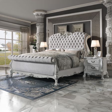 ACME Dresden CK Bed Fabric & Bone White Finish