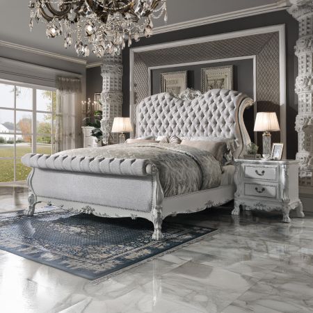 ACME Dresden CK Bed Fabric & Bone White Finish