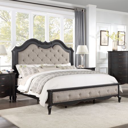 ACME Chelmsford CK Bed Beige Fabric & Antique Black Finish