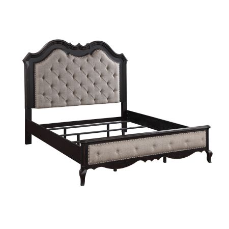 ACME Chelmsford Queen Bed Beige Fabric & Antique Black Finish