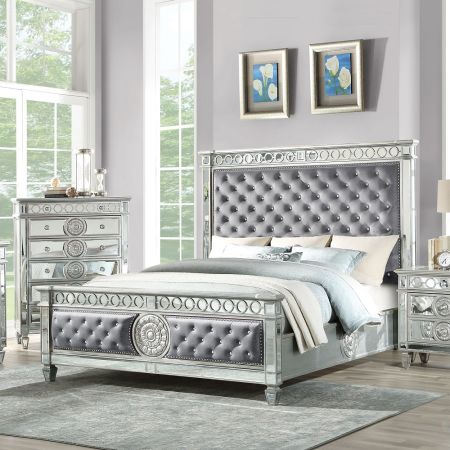 ACME Varian Queen Bed Gray Velvet & Mirrored