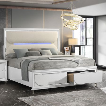 ACME Tarian EK Bed W/Led & Storage White Boucle & Pearl White Finish