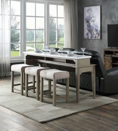 ACME Wandella 4PC Pack Counter Height Table Set W/Usb Beige Fabric Marble Top & Rustic Oak Finish