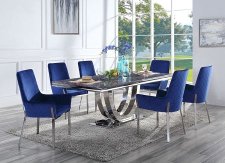 ACME Cambrie Dining Table W/Marble Top Faux Marble Top & Mirrored Silver Finish