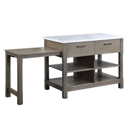 ACME Feivel Kitchen Island W/Pull Out Table Marble Top & Rustic Oak Finish