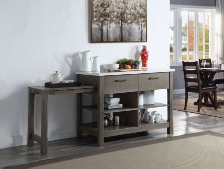 ACME Feivel Kitchen Island W/Pull Out Table Marble Top & Rustic Oak Finish