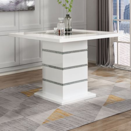 ACME Elizaveta Counter Height Table W/Pedestal Base Faux Crystal Diamonds & White High Gloss Finish