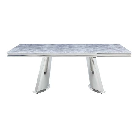 ACME Destry Dining Table W/Marble Top & Pedestal Base Faux Marble Top & Mirrored Silver Finish