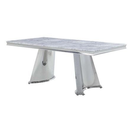 ACME Destry Dining Table W/Marble Top & Pedestal Base Faux Marble Top & Mirrored Silver Finish