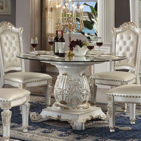 ACME Vendome Dining Table W/Pedestal Base Antique Pearl Finish