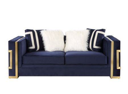 ACME Virrux Loveseat W/4 Pillows Blue Velvet & Gold Finish