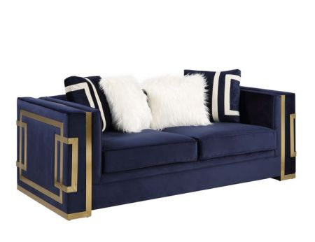 ACME Virrux Loveseat W/4 Pillows Blue Velvet & Gold Finish