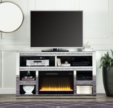 ACME Noralie TV Stand W/Fireplace Mirrored & Faux Diamonds