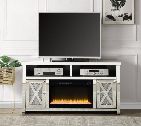 ACME Noralie TV Stand W/Fireplace Mirrored & Faux Diamonds