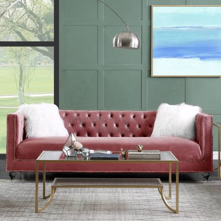 ACME Heibero II Sofa W/2 Pillows Pink Velvet & Faux Diamond Trim