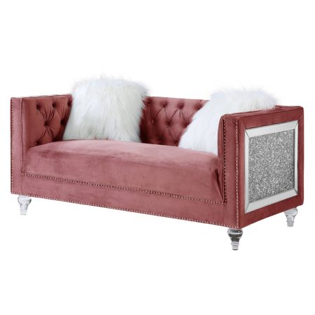 ACME Heibero II Loveseat W/2 Pillows Pink Velvet & Faux Diamond Trim