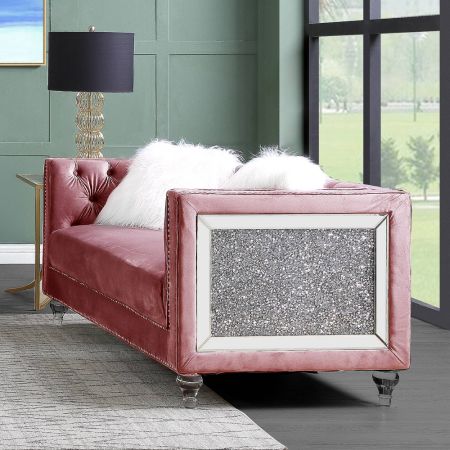 ACME Heibero II Loveseat W/2 Pillows Pink Velvet & Faux Diamond Trim