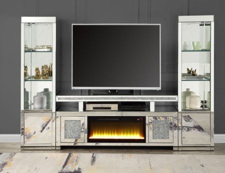 ACME Noralie TV Stand W/Fireplace Mirrored & Faux Diamonds