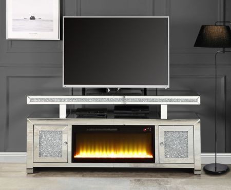 ACME Noralie TV Stand W/Fireplace Mirrored & Faux Diamonds