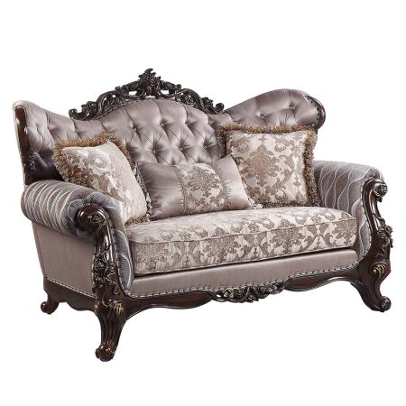 ACME Benbek Loveseat W/3 Pillows Fabric & Antique Oak Finish