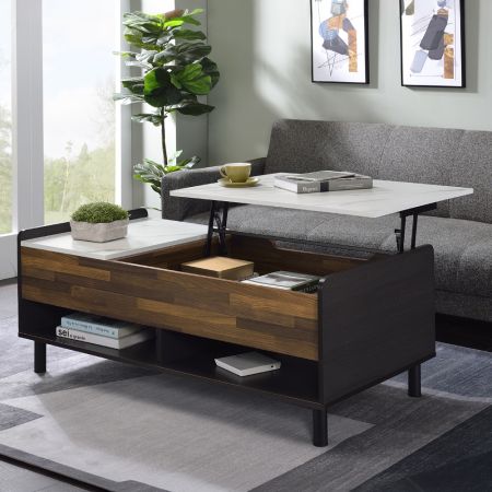 ACME Axel Coffee Table W/Lift Top White Printed Faux Marble Top Walnut & Black Finish