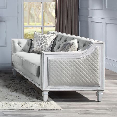 ACME Katia Loveseat W/2 Pillows Light Gray Linen & Weathered White Finish