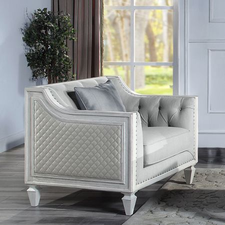 ACME Katia Chair W/Pillow Light Gray Linen & Weathered White Finish