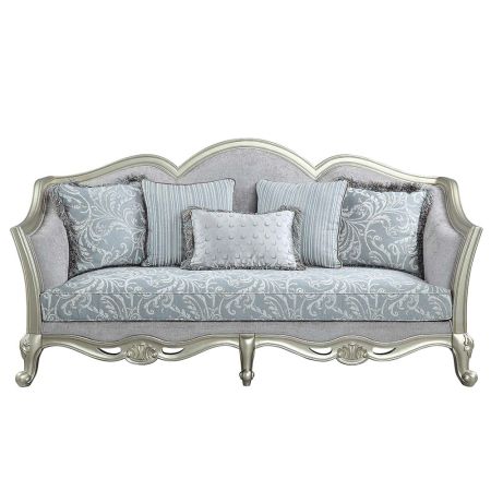 ACME Qunsia Sofa W/5 Pillows Light Gray Linen & Champagne Finish