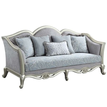 ACME Qunsia Sofa W/5 Pillows Light Gray Linen & Champagne Finish