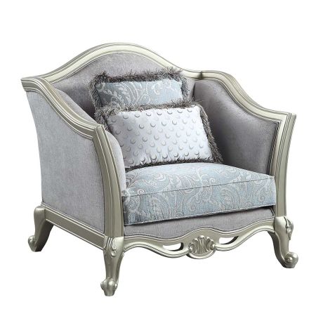 ACME Qunsia Chair W/2 Pillows Light Gray Linen & Champagne Finish