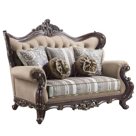 ACME Ragnar Loveseat W/5 Pillows Light Brown Linen & Cherry Finish