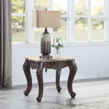 ACME Ragnar End Table Marble Top & Cherry Finish