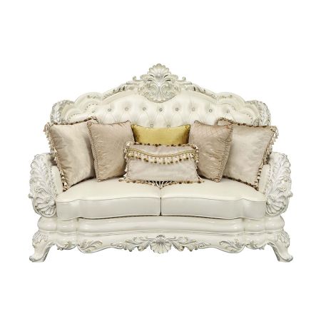 ACME Adara Loveseat W/5 Pillows Pearl White Synthetic Leather & Antique White Finish