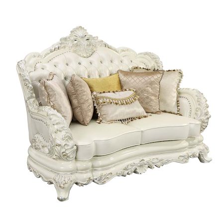 ACME Adara Loveseat W/5 Pillows Pearl White Synthetic Leather & Antique White Finish