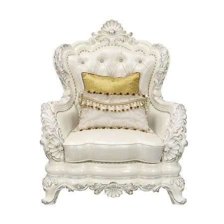 ACME Adara Chair W/2 Pillows Pearl White Synthetic Leather & Antique White Finish