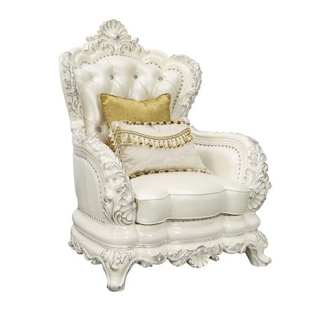 ACME Adara Chair W/2 Pillows Pearl White Synthetic Leather & Antique White Finish