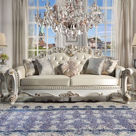 ACME Vendome Sofa W/5 Pillows Champagne Synthetic Leather & Antique Pearl Finish