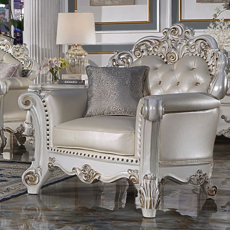 ACME Vendome Chair W/Pillow Champagne Synthetic Leather & Antique Pearl Finish