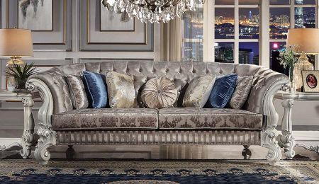 ACME Versailles Sofa W/7 Pillows Ivory Fabric & Bone White Finish