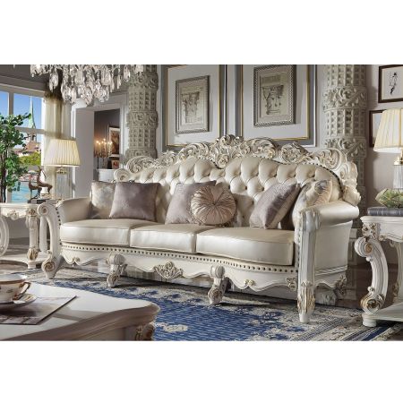 ACME Vendome Oversized Sofa W/6 Pillows Champagne Synthetic Leather & Antique Pearl Finish