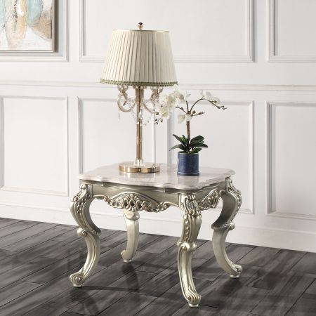 ACME Miliani End Table W/Marble Top Natural Marble Top & Antique Bronze Finish