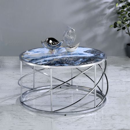 ACME Lyda Coffee Table Blue Marble Print & Chrome Finish