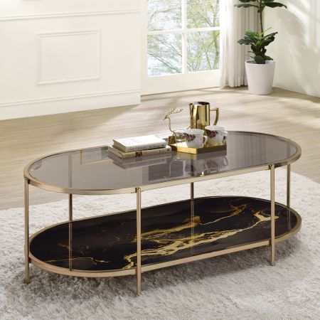 ACME Fiorella Coffee Table Black Marble Print & Champagne Finish