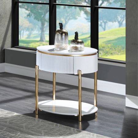 ACME Daveigh End Table White High Gloss & Gold Finish