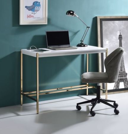 ACME Midriaks Writing Desk W/Usb White & Gold Finish