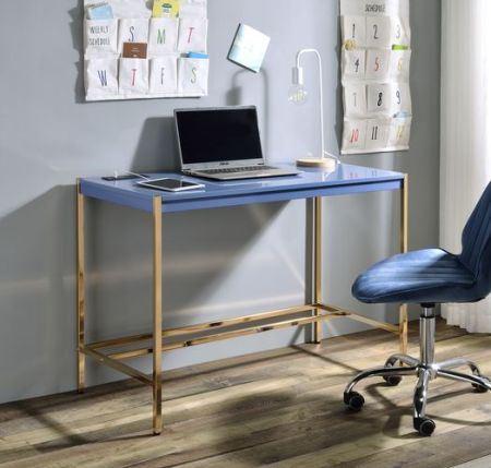 ACME Midriaks Writing Desk W/Usb Navy Blue & Gold Finish