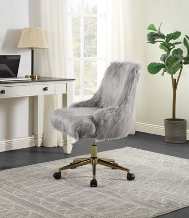 ACME Arundell II Office Chair Gray Faux Fur & Gold Finish